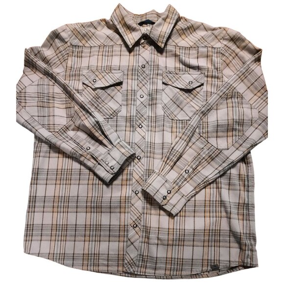 Vintage LL Bean  Plaid Flannel Western Shirt Elbow Patches Snap Closures Multi C - Picture 1 of 13